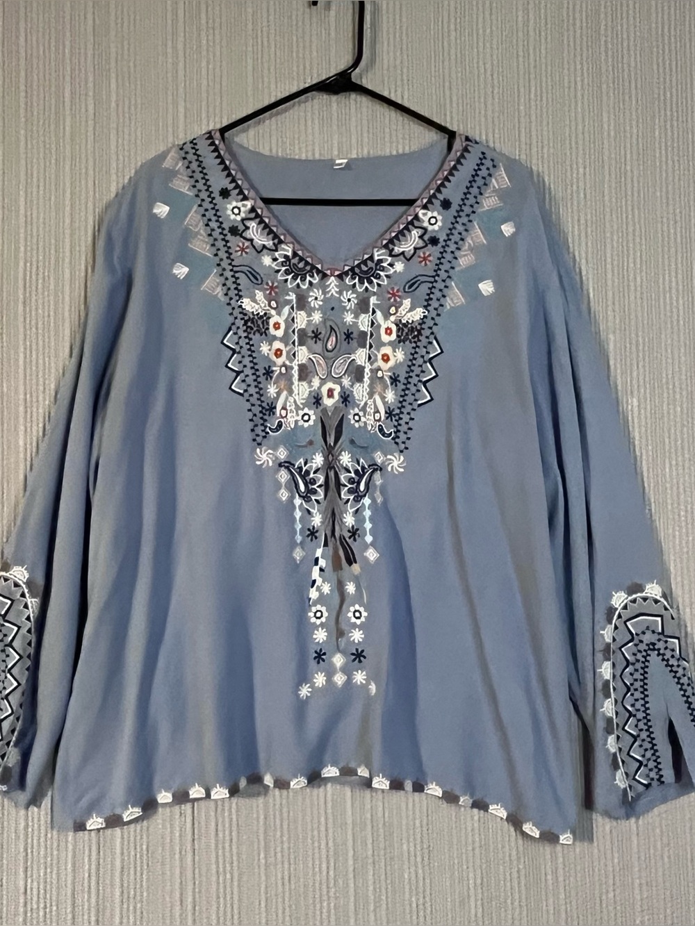 Hippie Chic Boho Embroidered Tunic Blouse Top Blue Women 3XL Long Sleeve Western